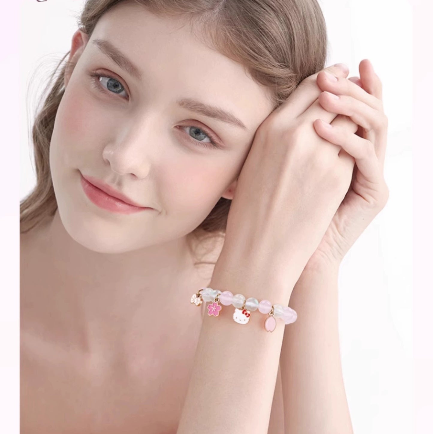Tide color painting x Sanrio HelloKitty pink crystal bracelet girls and children's hand beaded Qixi birthday gift