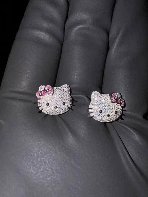 New personality pink cartoon Kitty cat studded with diamond stud earrings, female cute, sparkling, unique temperament, versatile earrings
