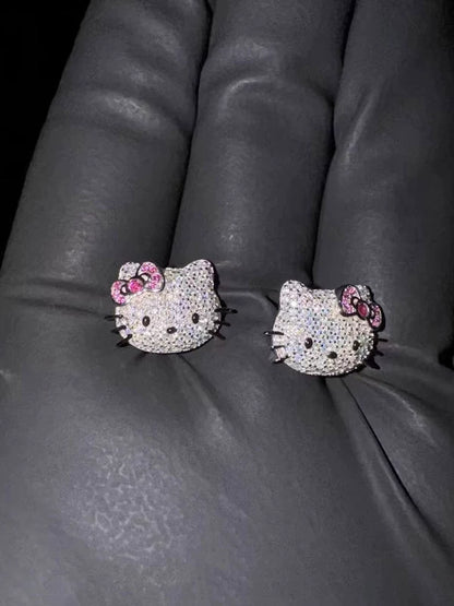 New personality pink cartoon Kitty cat studded with diamond stud earrings, female cute, sparkling, unique temperament, versatile earrings