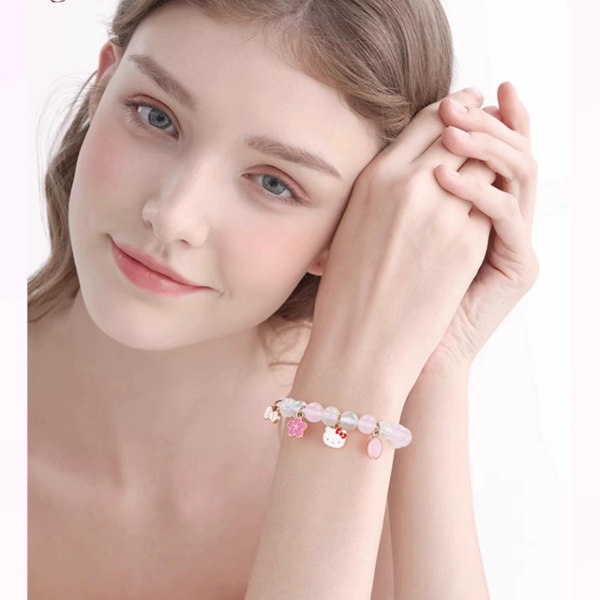Tide color painting x Sanrio HelloKitty pink crystal bracelet girls and children's hand beaded Qixi birthday gift
